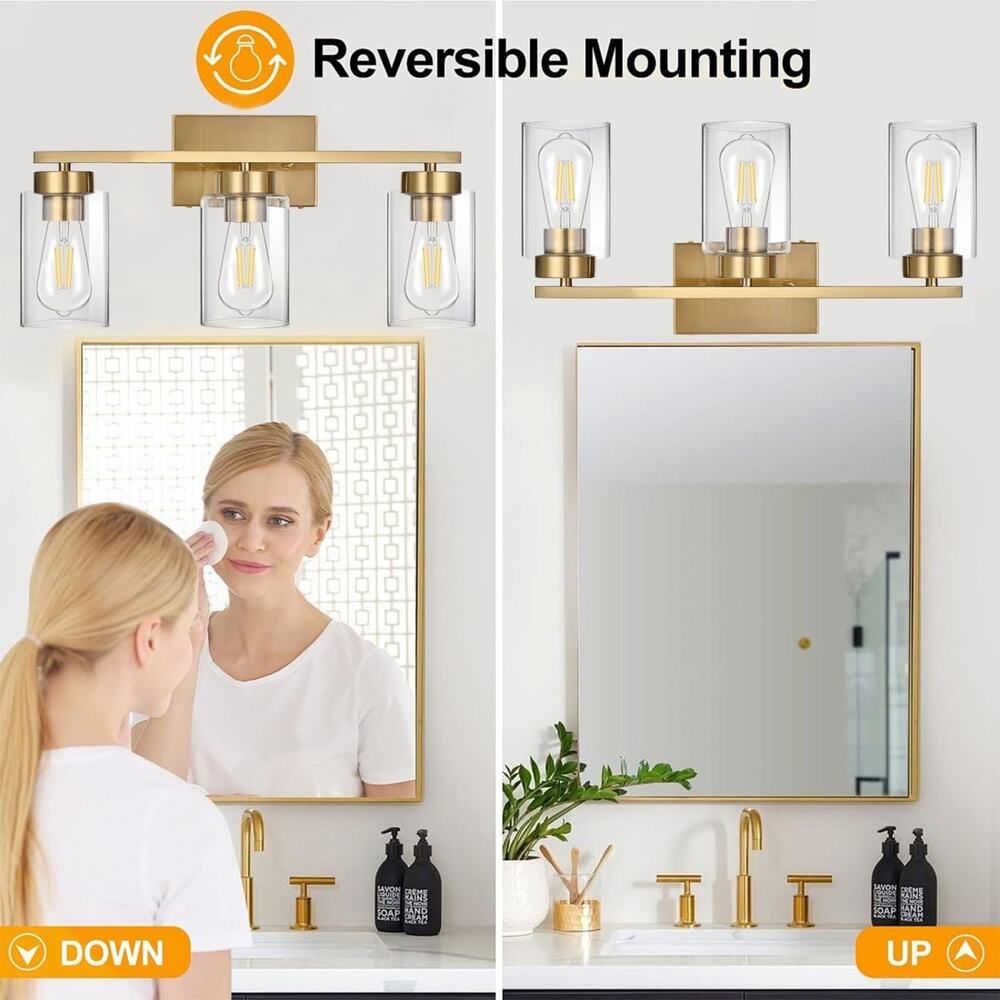 Modern Brushed Gold 3-Light Bathroom Vanity Light with Clear Glass Shades - Picture 3 of 4